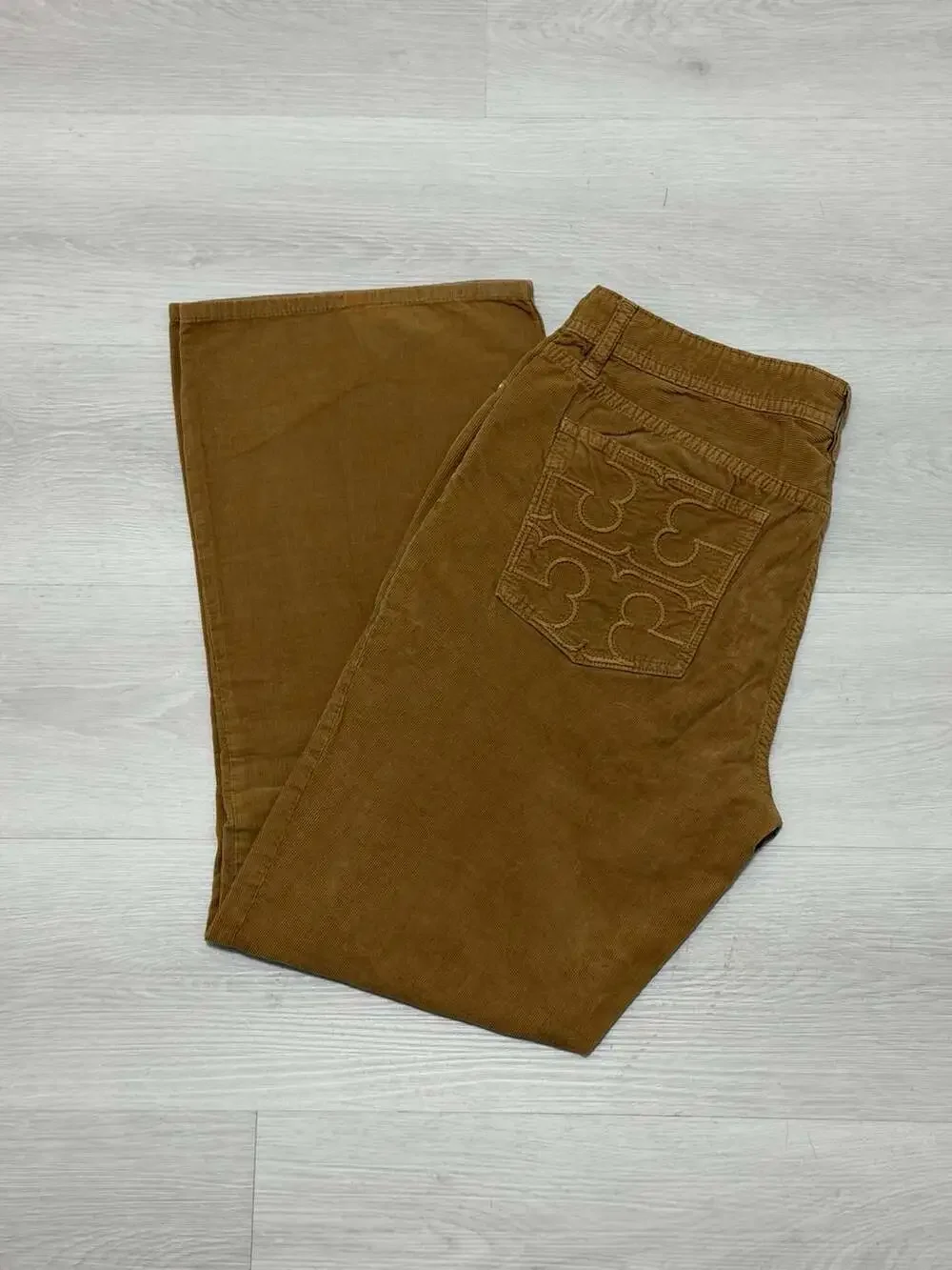 Tory Burch Women's Brown Corduroy Flare Pants Embroidered Logo Back Pockets 31